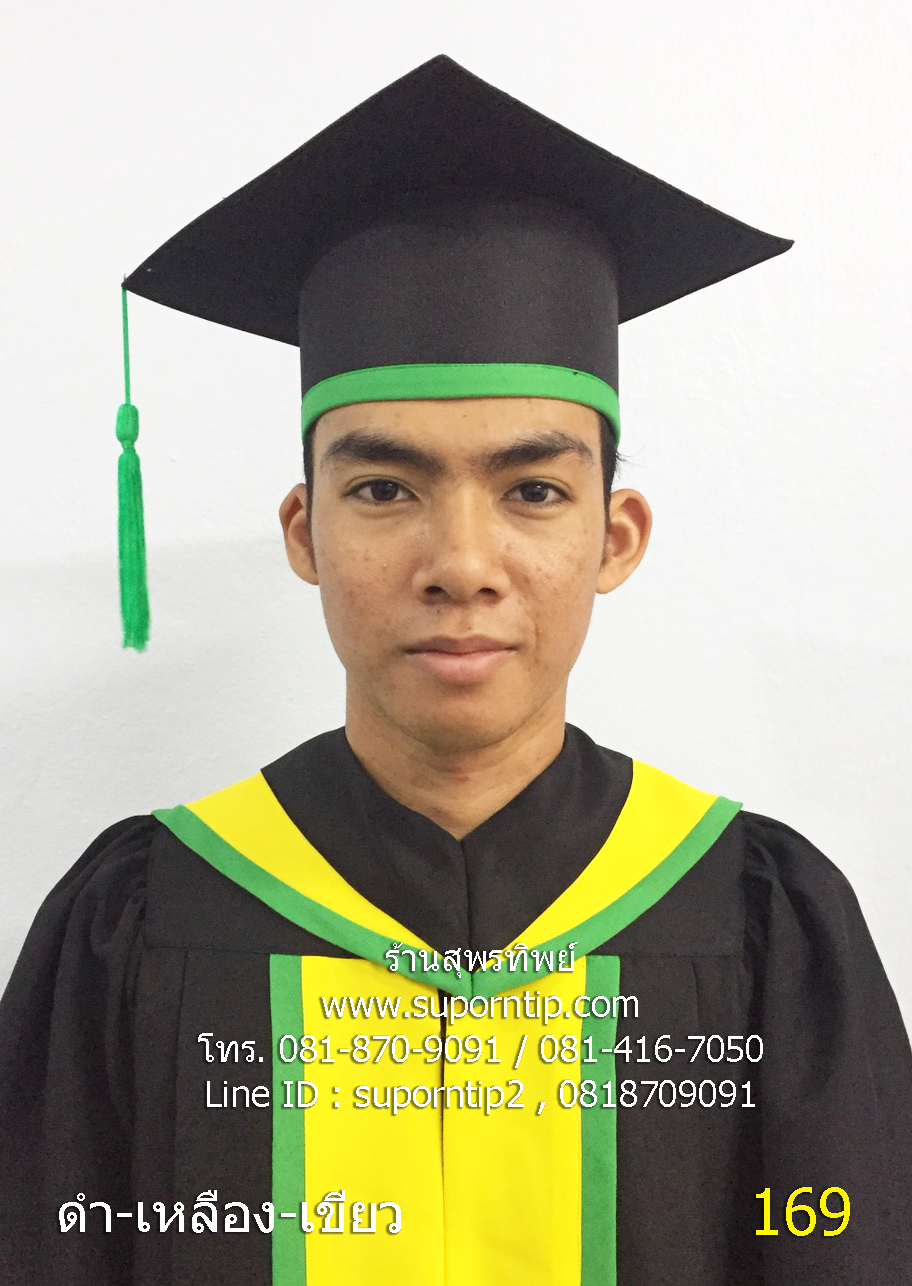 169-CR ชุดบัณฑิตน้อย สีดำ-เหลือง-เขียว ,ชุดครุยเด็กโต,ชุดครุยเด็กเล็ก,ชุดครุยบัณฑิตน้อยพร้อมหมวก