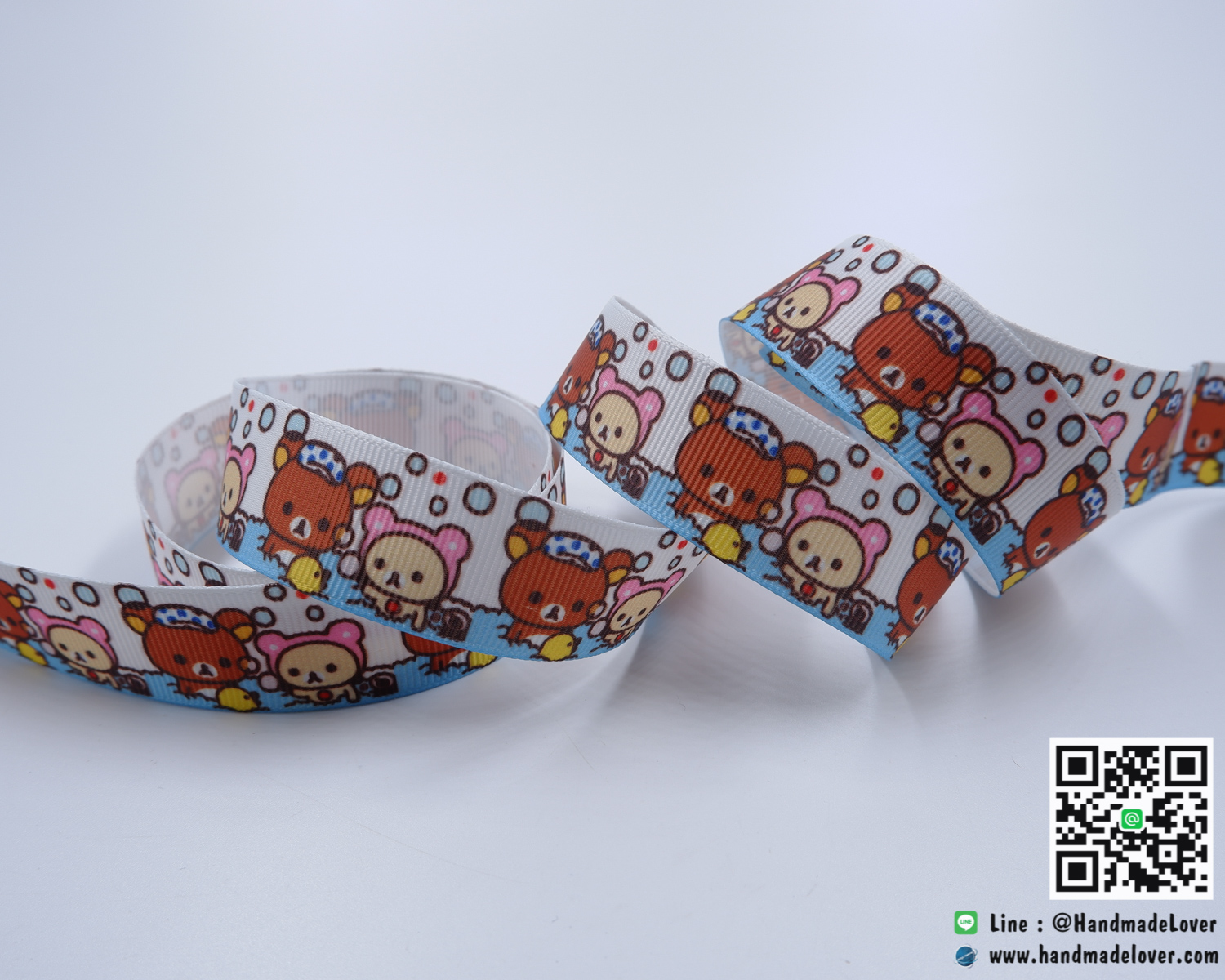 ริบบิ้นผ้า กรอสเกรน สีขาว พิมพ์ลายหมีคุมะ