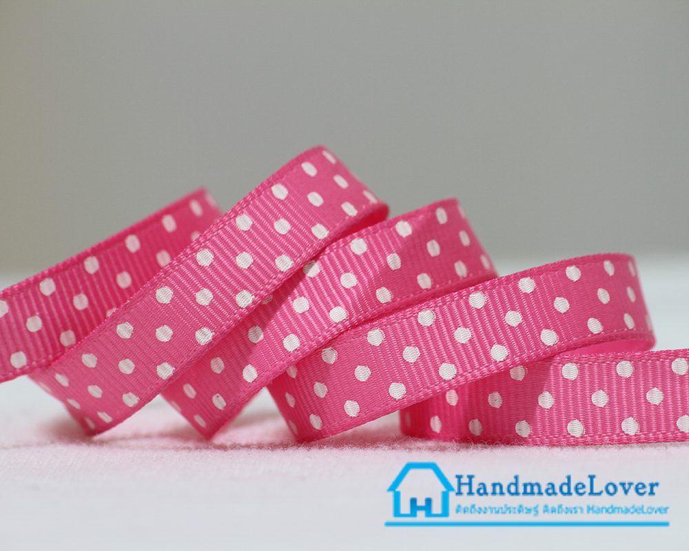 ริบบิ้นผ้า กรอสเกรน สีชมพู พิมพ์ลายจุด ขนาด กว้าง 10 mm