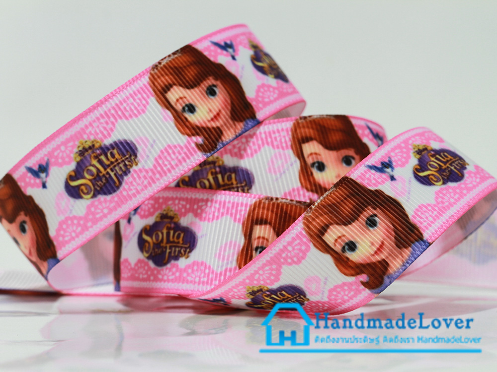 ริบบิ้นผ้า กรอสเกรน พิมพิ์ลายการ์ตูน เจ้าหญิงโซเฟีย (Sofia Princess) สีชมพู ขนาด 22 มิล