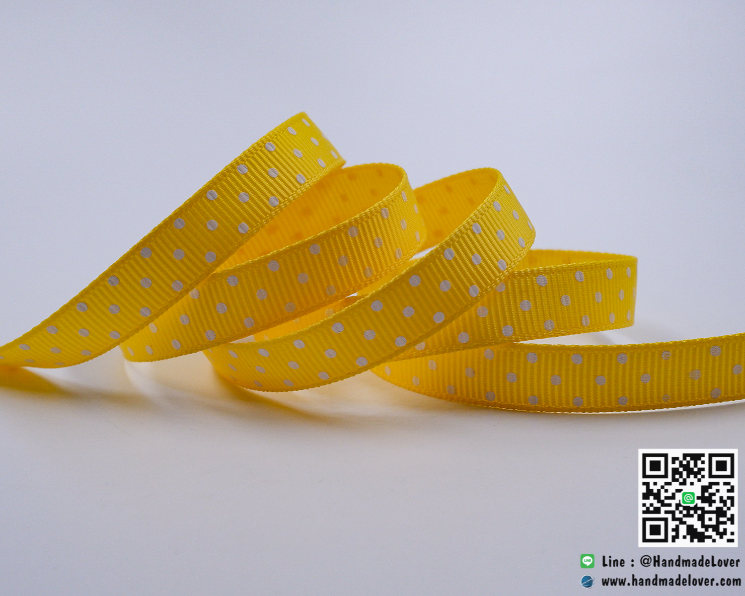 ริบบิ้นผ้ากรอสเกรน สีเหลือง พิมพ์ลายจุด