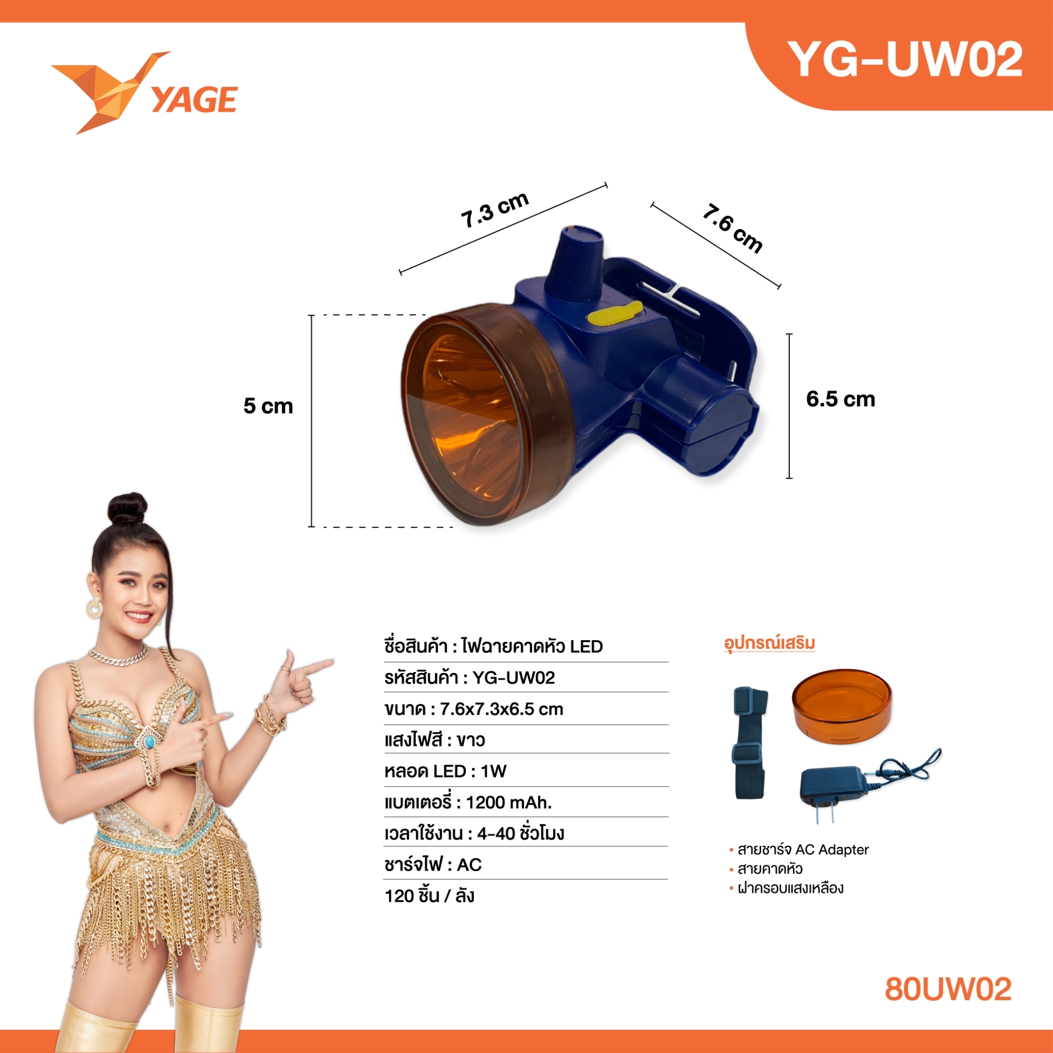 ไฟคาดหัว2แสง YG-UW02 หมุนปรับแสงได้แสงเหลือง&แสงขาว ลุยฝนได้ น้ำหนักเบาหมุนหรี่ไฟได้