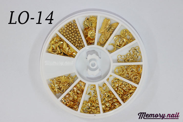 LO-14 โลหะ และหมุดทรงต่างๆ สีทอง กล่องกลม 1กล่อง มี12 แบบ