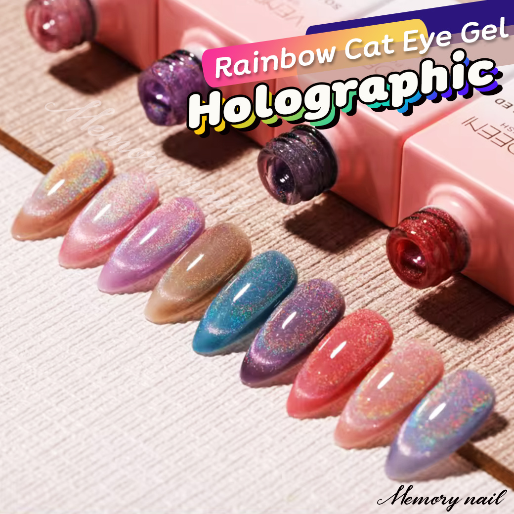 (A65ขวดชมพู) Vendeeni Rainbow Holographic Cat Eye Gel สีเจล ทาเล็บ ลูกแก้ว แม่เหล็ก แคทอาย รุ้ง โฮโลแกรม