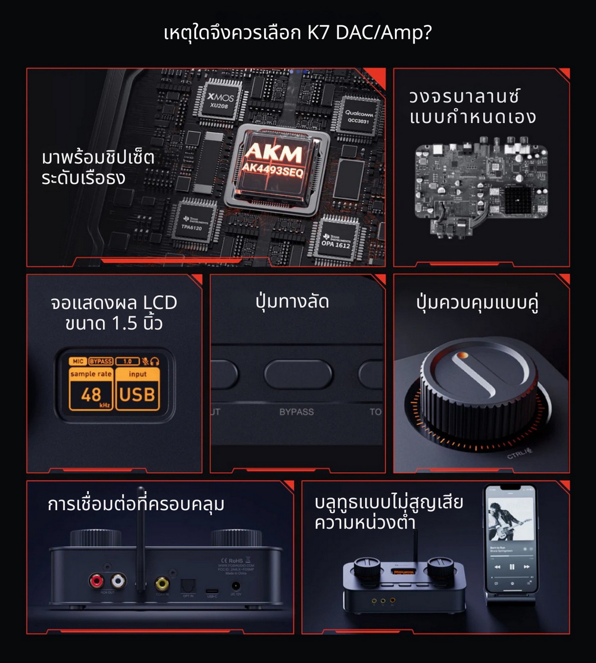 Fosi Audio K7 Bluetooth DAC/AMP HiFi อเนกประสงค์สำหรับเล่นเกม ชิป AKM AK4493SEQ ประกันศูนย์ไทย