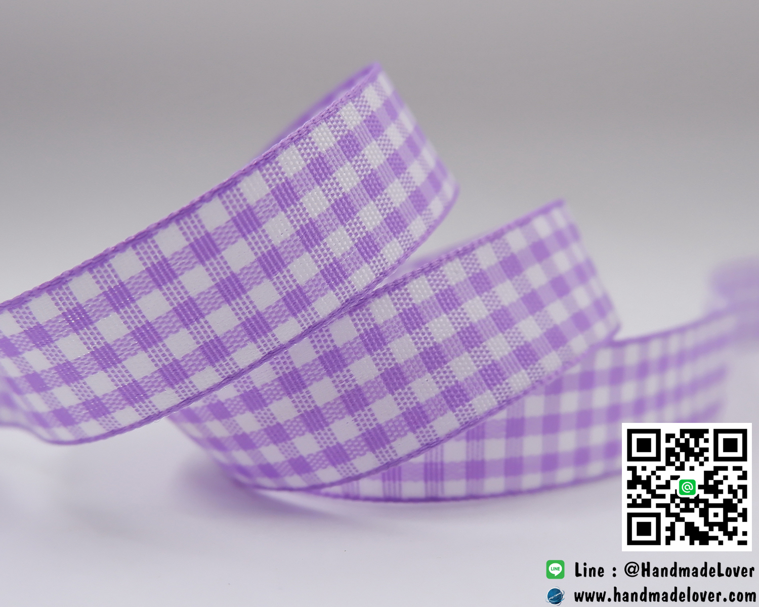 ริบบิ้นผ้า ลายสก็อต สีม่วงอ่อน [ยาว 50 หลา]
