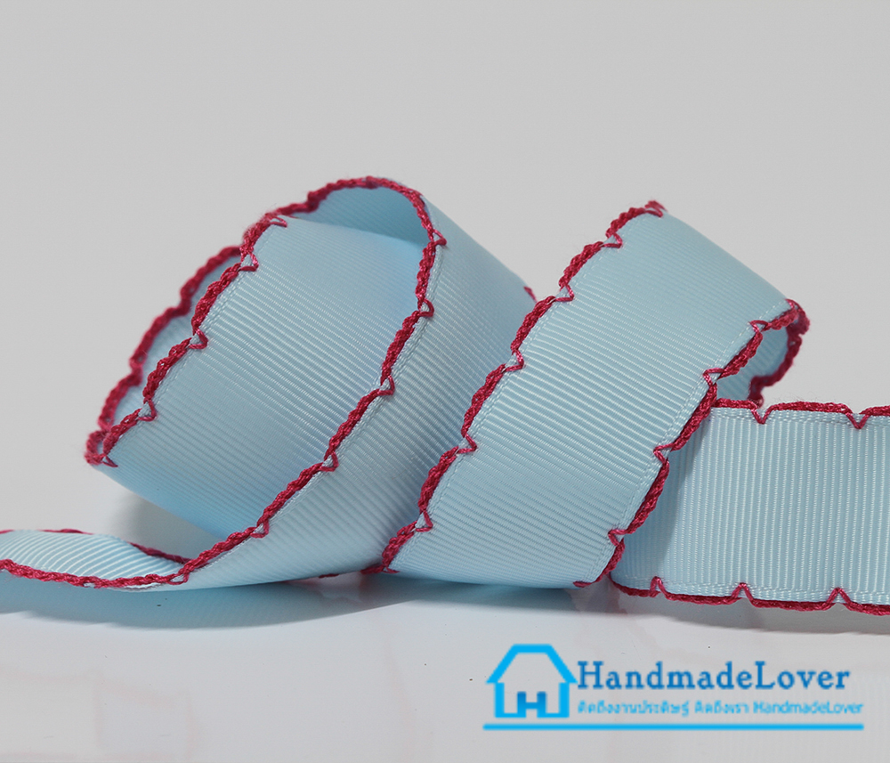 ริบบิ้นผ้า กรอสเกรน สีฟ้า ขอบลูกไม้ ขนาด 22mm.