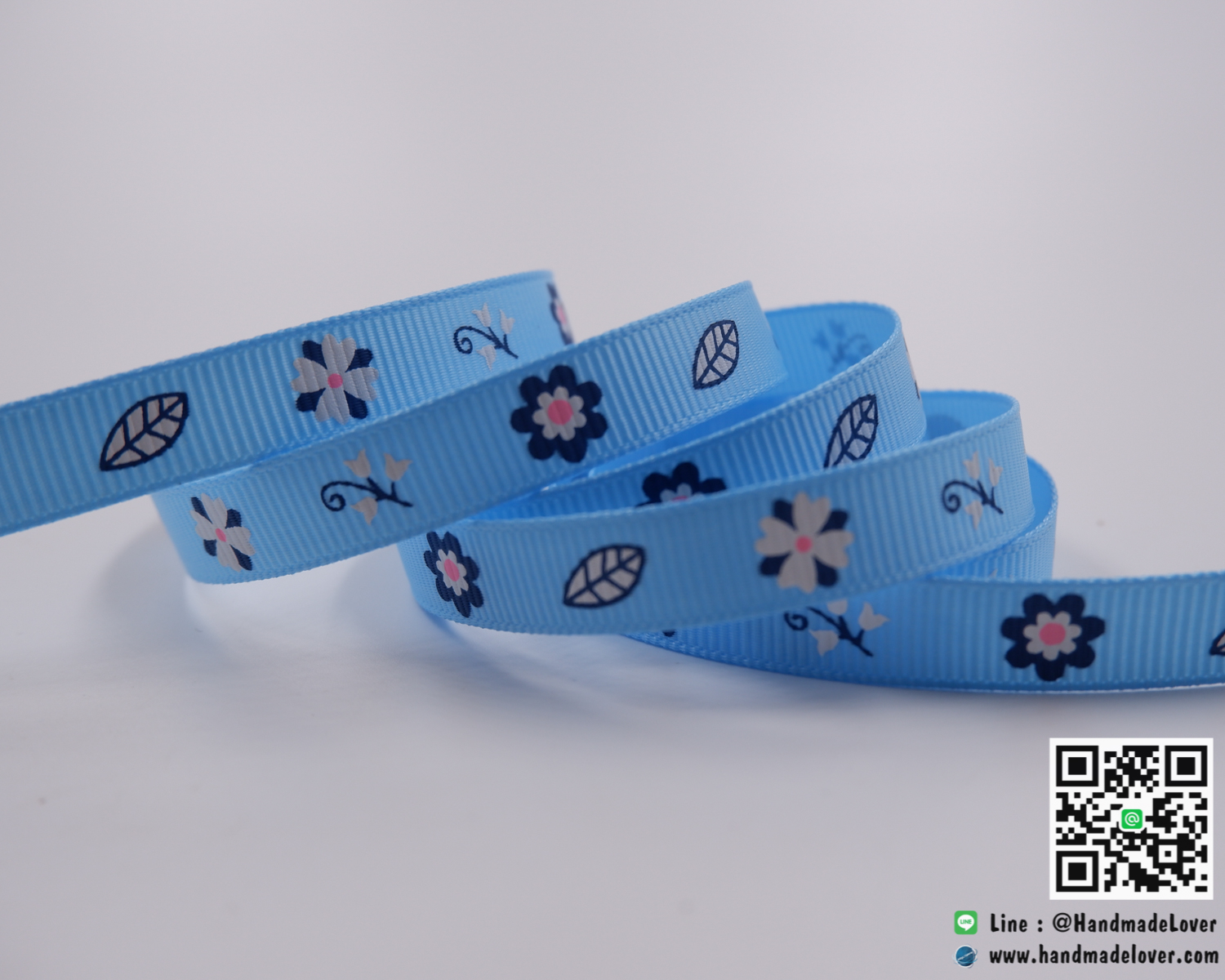 ริบบิ้นผ้า กรอสเกรน สีฟ้า พิมพ์ลายดอกไม้