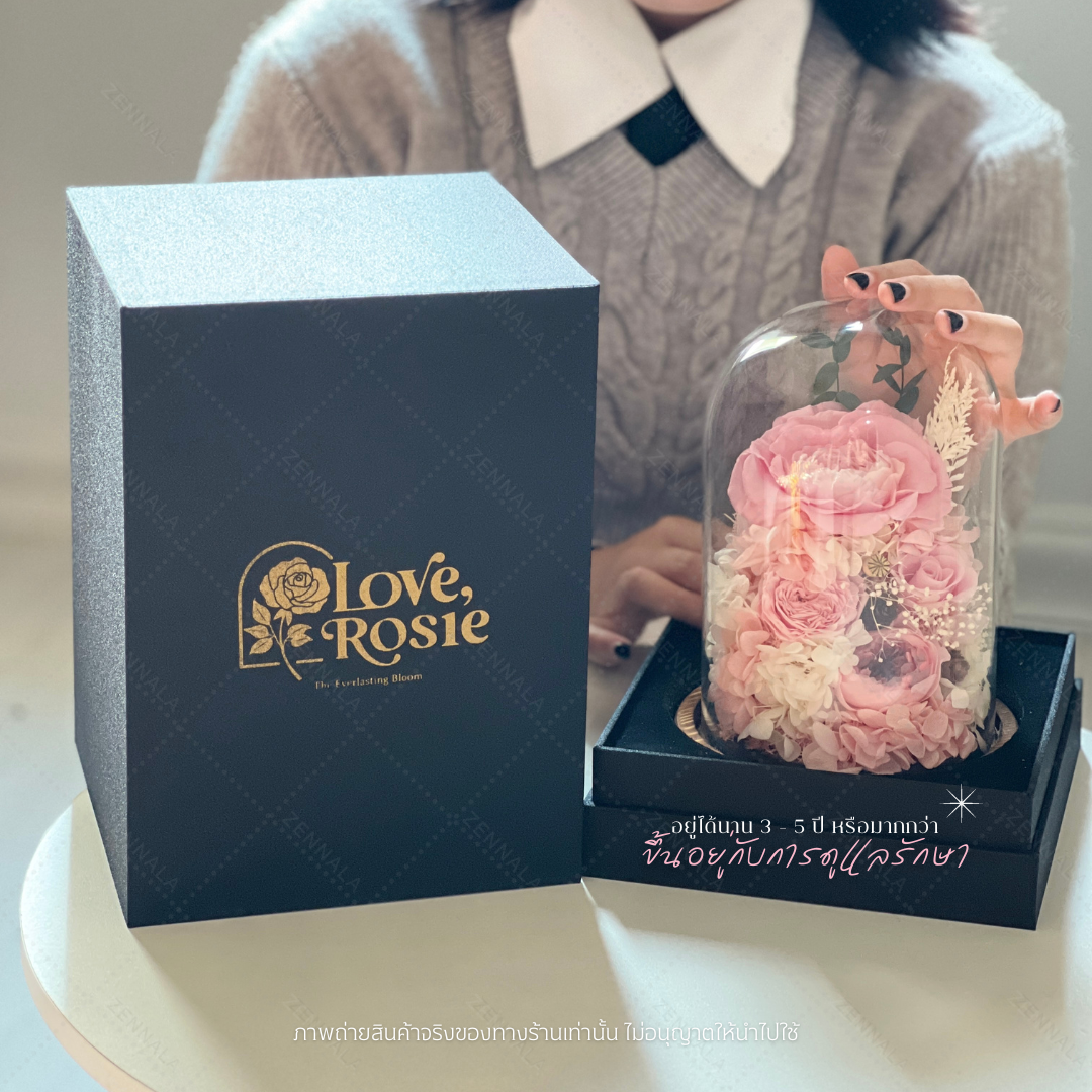 ช่อดอกกุหลาบในโหลแก้ว สีชมพู มีไฟ