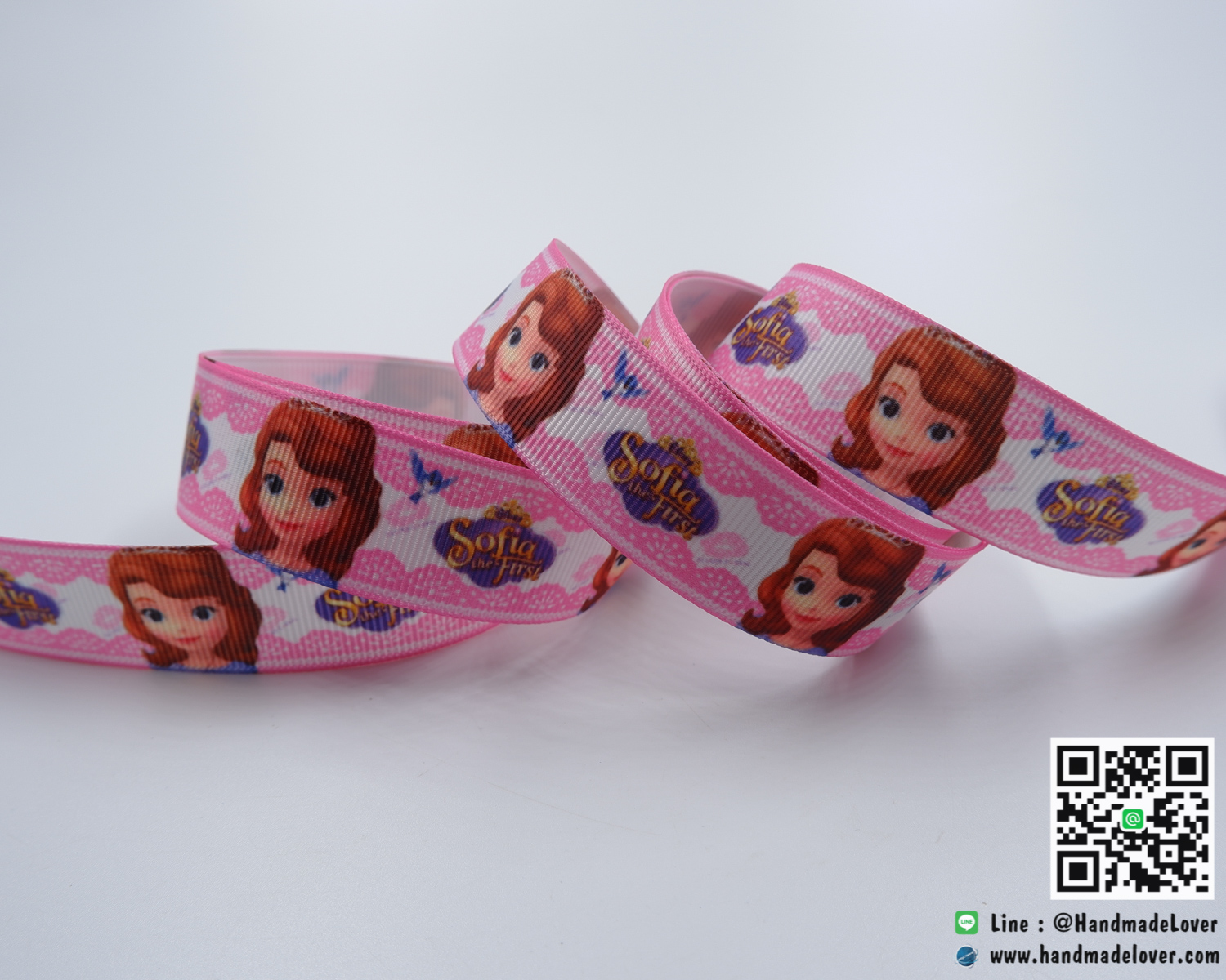 ริบบิ้นผ้า กรอสเกรน พิมพิ์ลายการ์ตูน เจ้าหญิงโซเฟีย (Sofia Princess) สีชมพู ขนาด 22 มิล