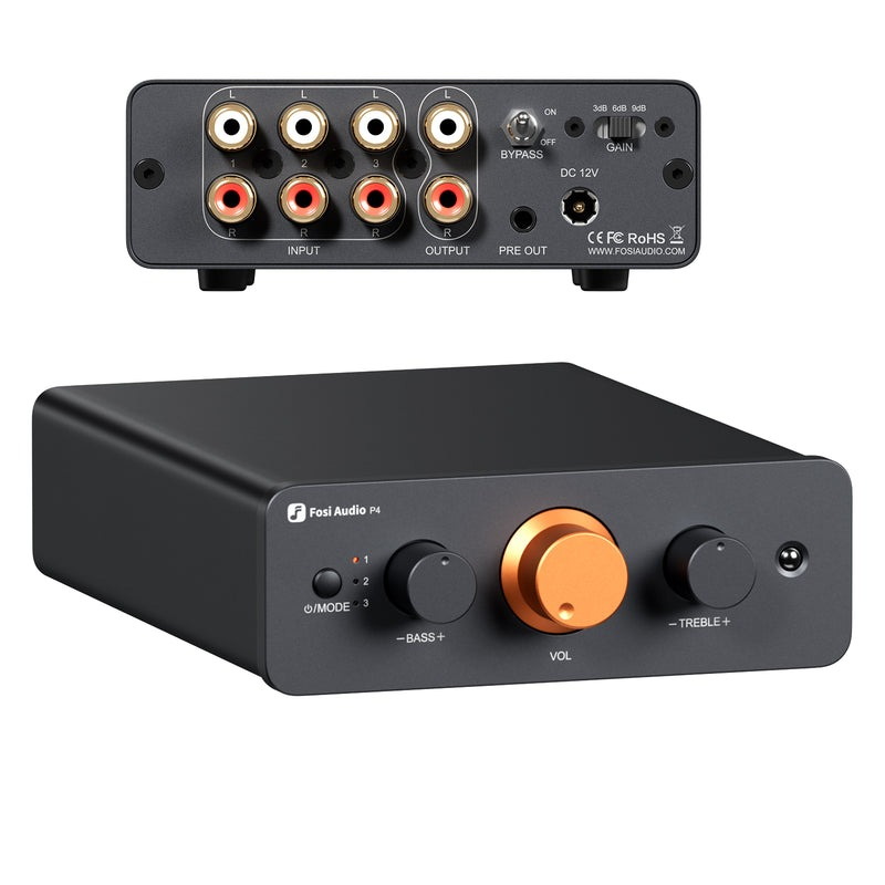 Fosi Audio P4 พรีแอมป์สำหรับระบบเสียงในบ้าน พร้อมอินพุต RCA 3 ตัว, EQ/Bypass การควบคุมโทนเสียง ประกันศูนย์ไทย