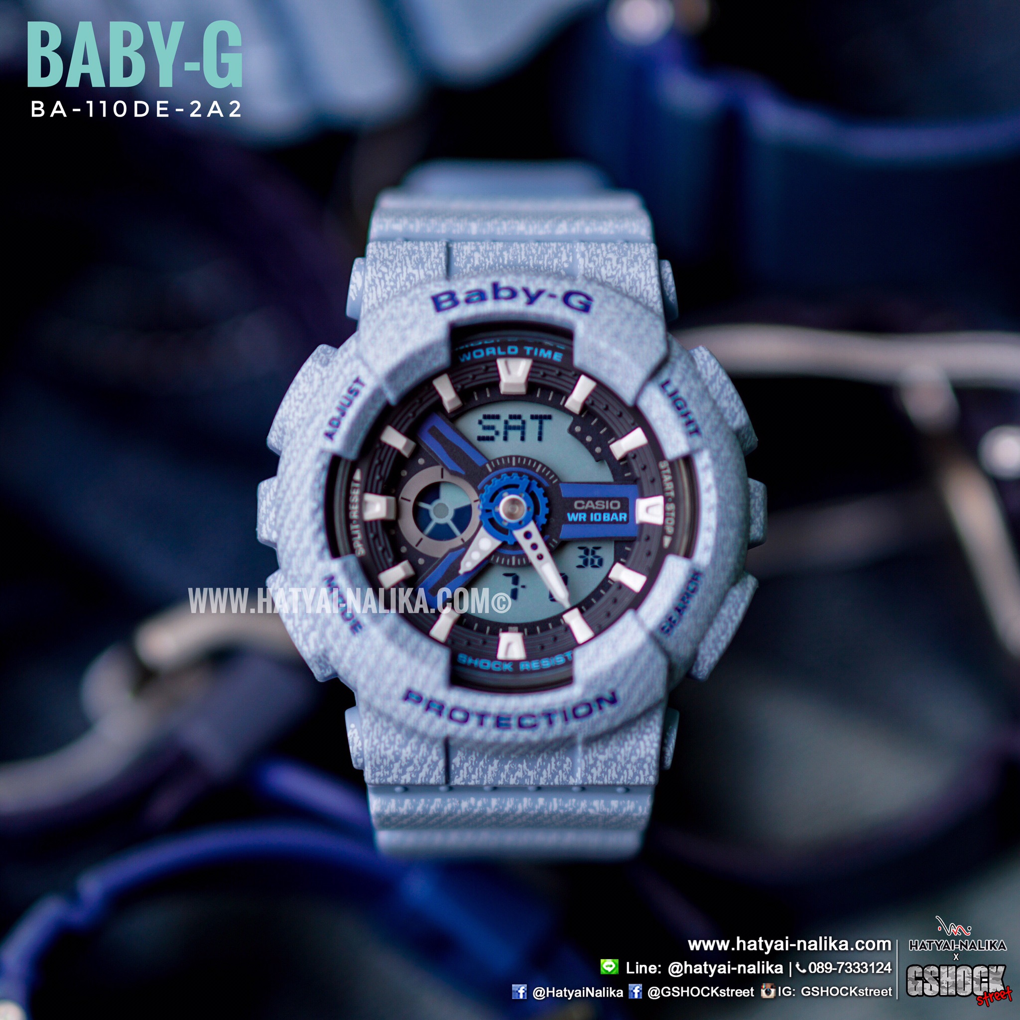 นาฬิกา Casio Baby-G ลายยีนส์ Special Color BA-110DE Denim fabric Elements series รุ่น BA-110DE-2A2 (สี Light Blue Jean) ของแท้ รับประกัน1ปี