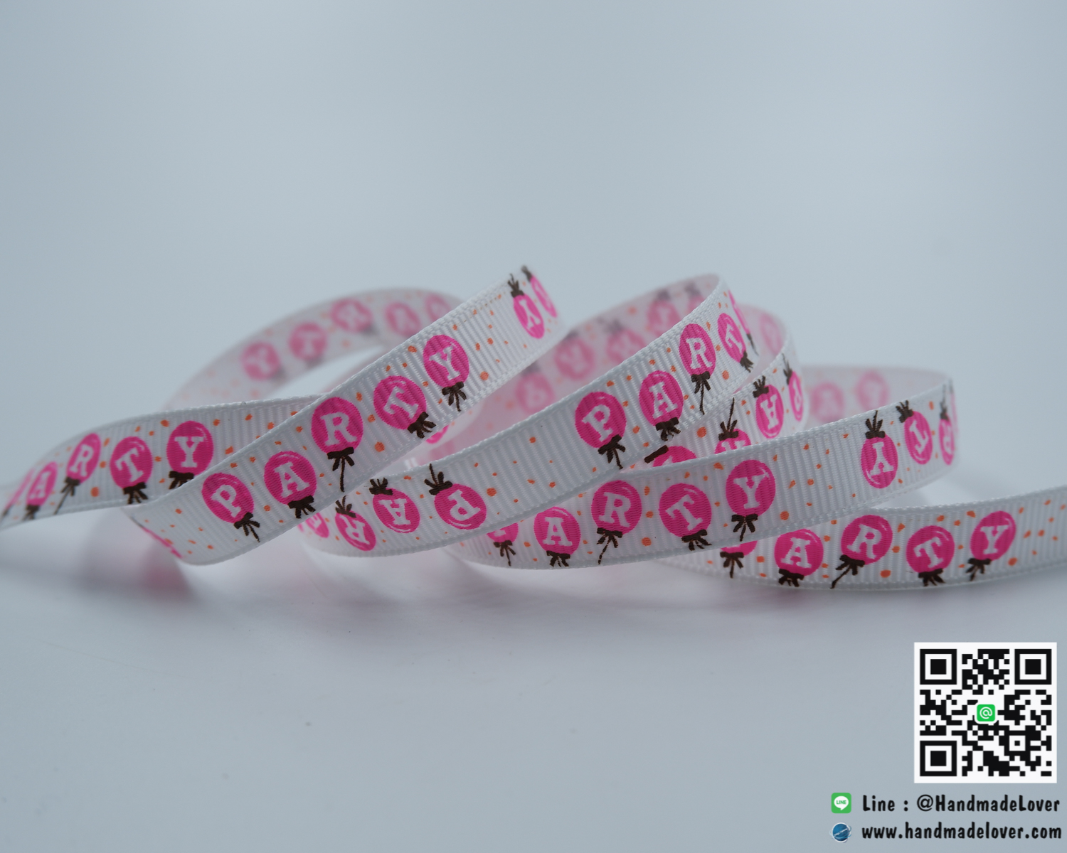 ริบบิ้นผ้า กรอสเกรน สีขาว พิมพ์ลาย Party