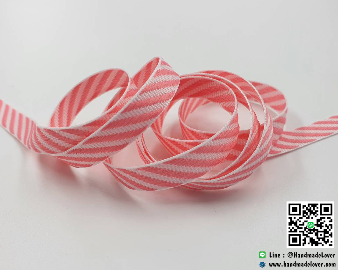 ริบบิ้นผ้า สีชมพู ลายเฉียง ขนาด 10 mm (ม้วน 36 หลา)