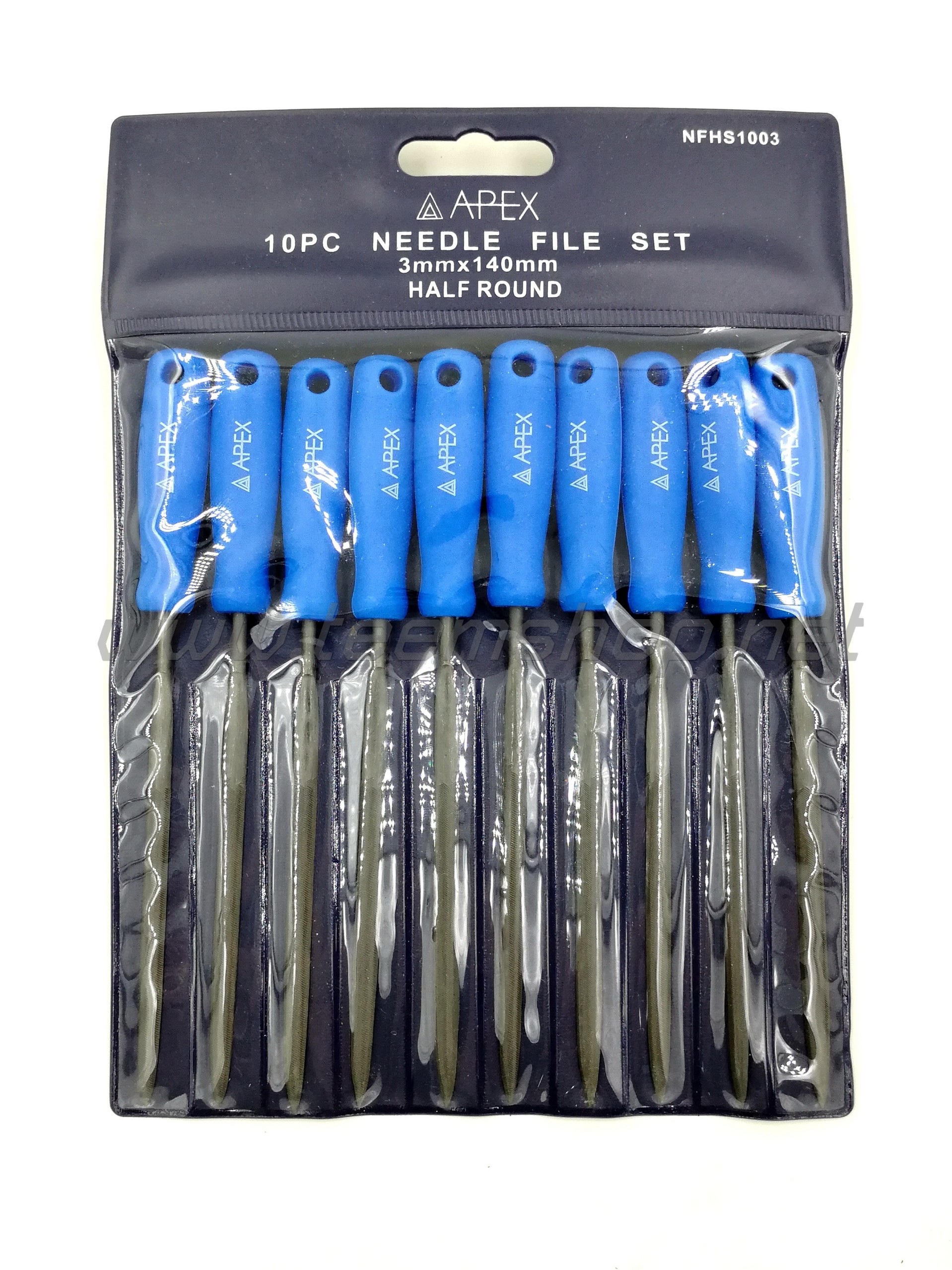 APEX ตะไบพร้อมด้าม สีฟ้า 10ตัว ท้องปลิงล้วน 3x140mm.