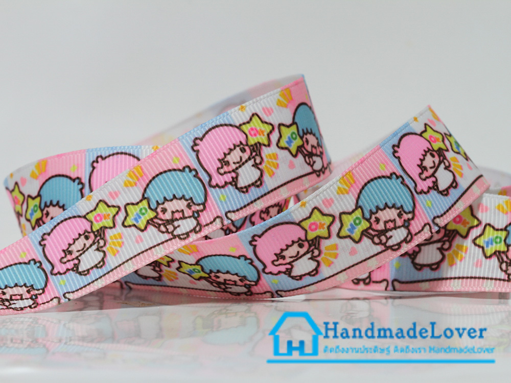 ริบบิ้นผ้า พิมพิ์ลายการ์ตูน กิกิ ลาล่า (Kiki & Lala) สีชมพู ขนาด 22 มิล