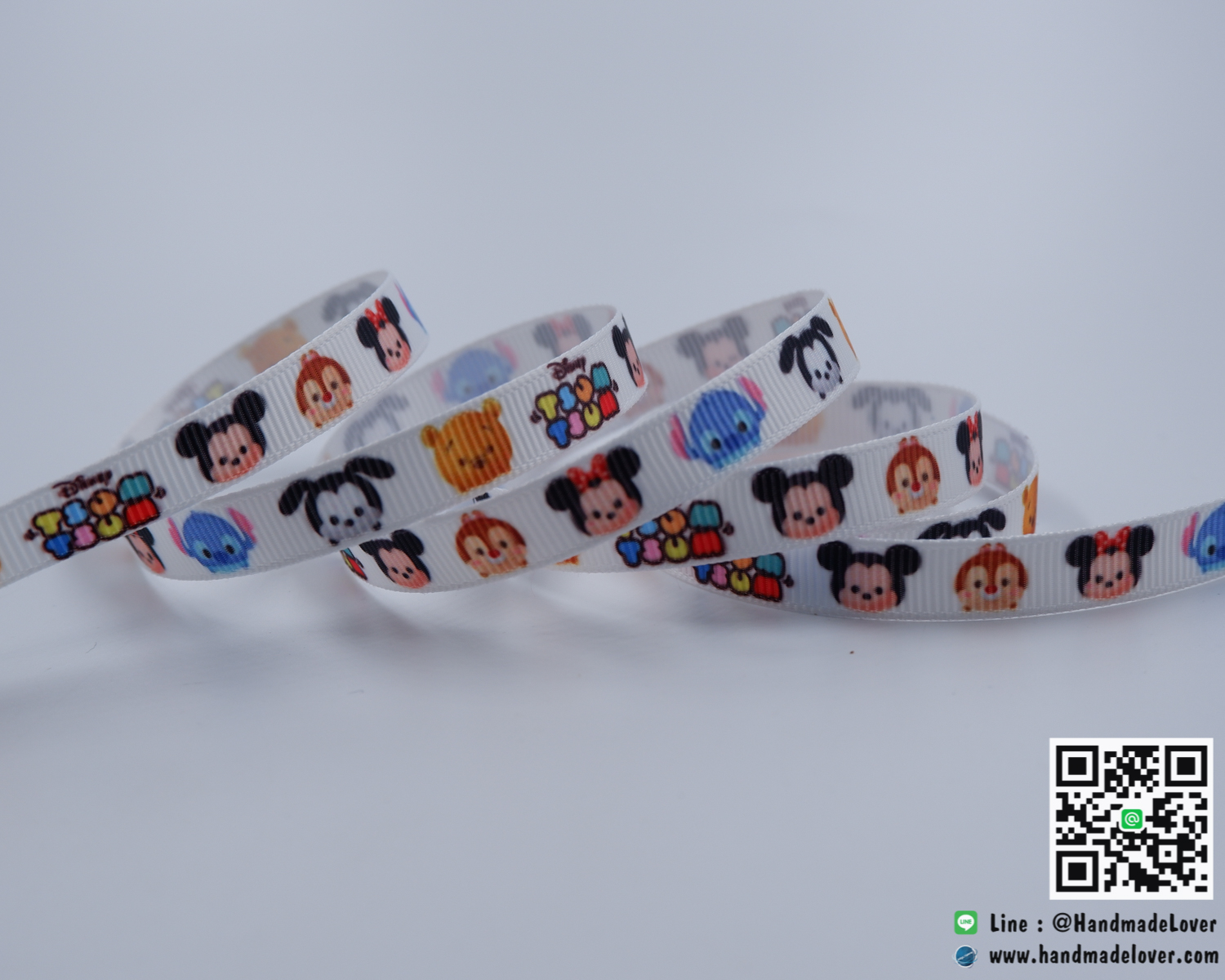 ริบบิ้นผ้ากรอสเกรน สีขาว พิมพิ์ลายลิขสิทธิ์ ขนาด 9 มิล