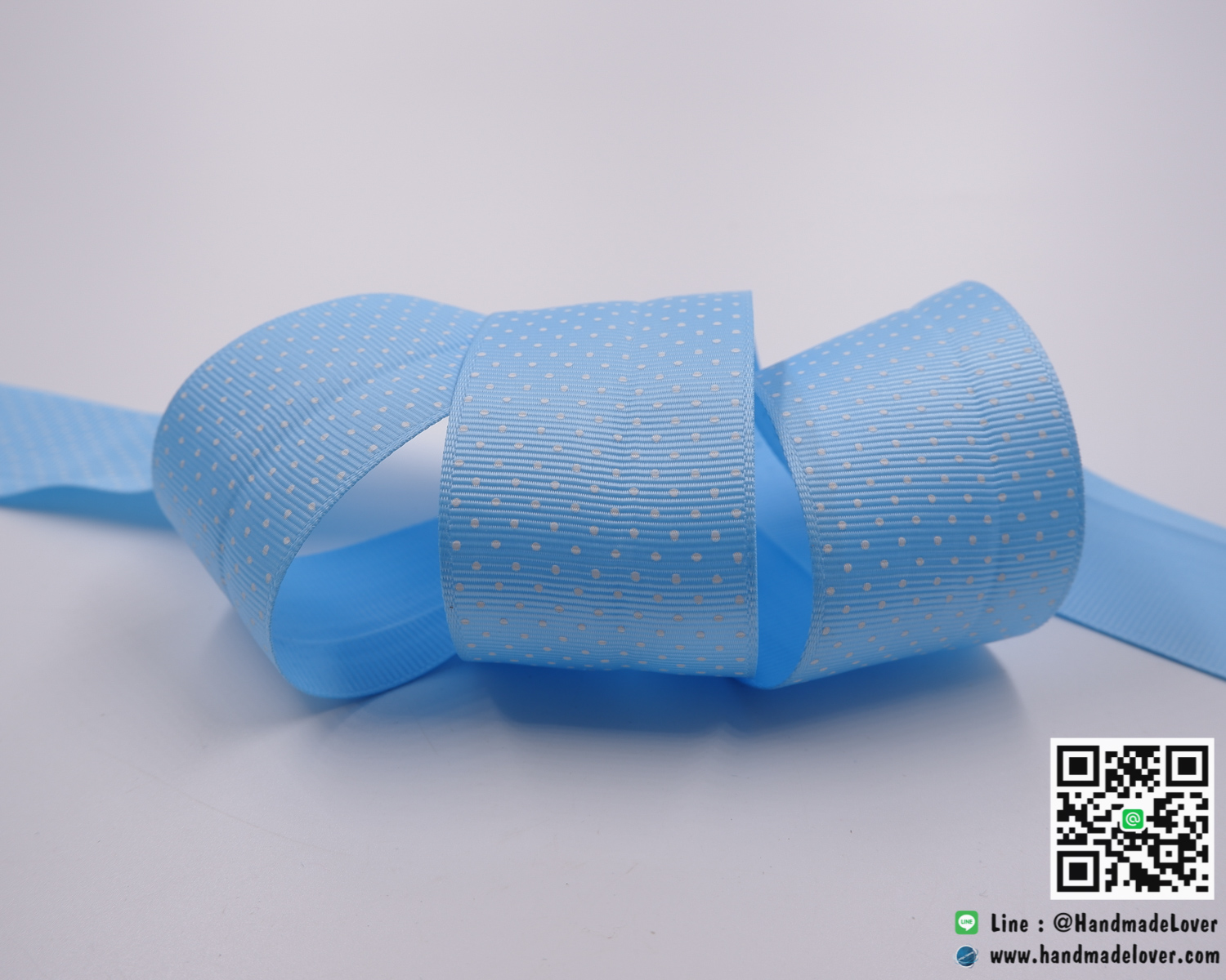ริบบิ้นผ้า กรอสเกรน สีฟ้า ลายจุด ขนาด 38 mm