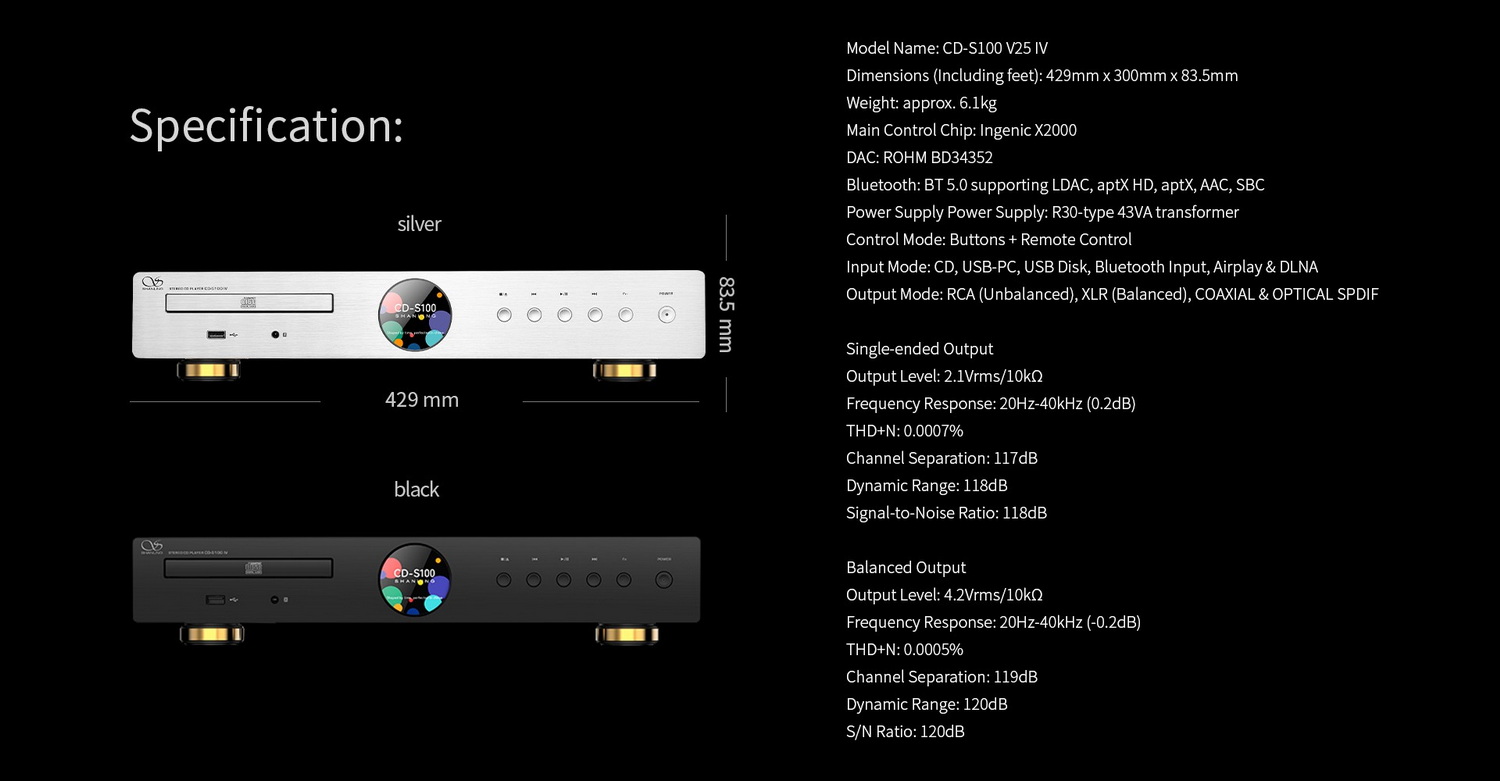<สั่งจองล่วงหน้า> Shanling CD-S100 IV เครื่องเล่น CD รุ่นแรกระบบ DAC ROHM BD34352 ใหม่ รองรับ Dual Hi-Res ประกันศูนย์ไทย