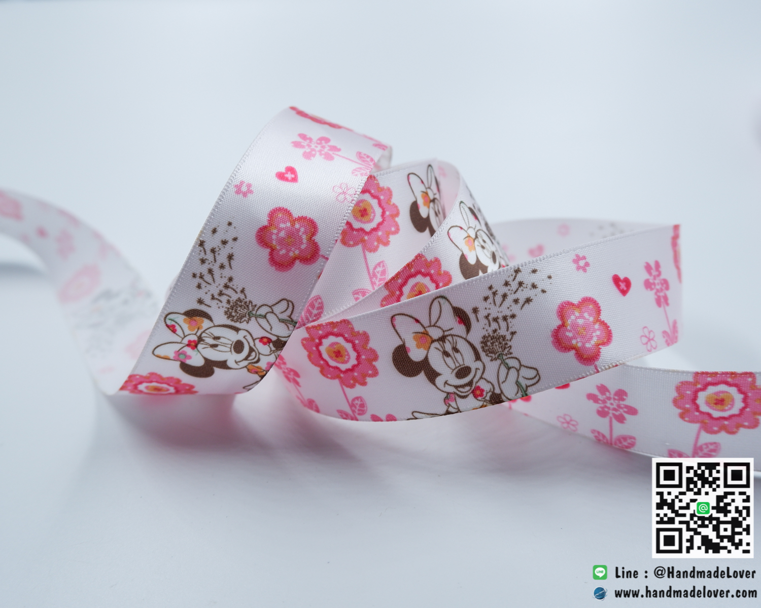 ริบบิ้นผ้า กรอสเกรน พิมพิ์ลาย Minnie Mouse มินนี่ เม้าส์ ขนาด 25 มิล