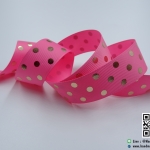 ริบบิ้นผ้า กรอสเกรน สีชมพู พิมพ์ลายจุดสีเงินสะท้อนแสง