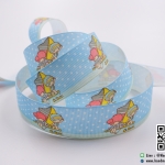 ริบบิ้นผ้า กรอสเกรน สีฟ้า พิมพิ์กิกิลาล่า kikilala ขนาด 25 mm.