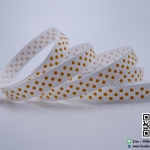 ริบบิ้นผ้า กรอสเกรน สีขาว พิมพ์ลายจุดสีเหลือง