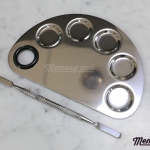 จานสี สแตนเลส 6 ช่อง พร้อมที่เสียบนิ้ว ขนาด 16 เซน แถมที่ตักสีสแตนเลท 1ชิ้น อุปกรณ์เพ้นท์เล็บ