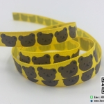 ริบบิ้นผ้า กรอสเกรน สีเหลือง พิมพิ์ลายหมี ขนาด 9 มิล