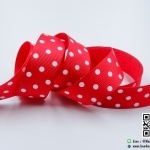 ริบบิ้นผ้า กรอสเกรน สีแดง พิมพ์ลายจุด ขนาด 22 มิล